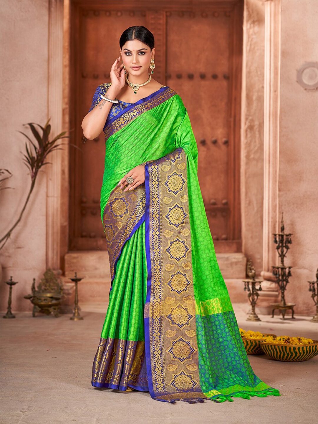 

Mitera Green & Blue Ethnic Motifs Woven Design Zari Pure Silk Banarasi Saree