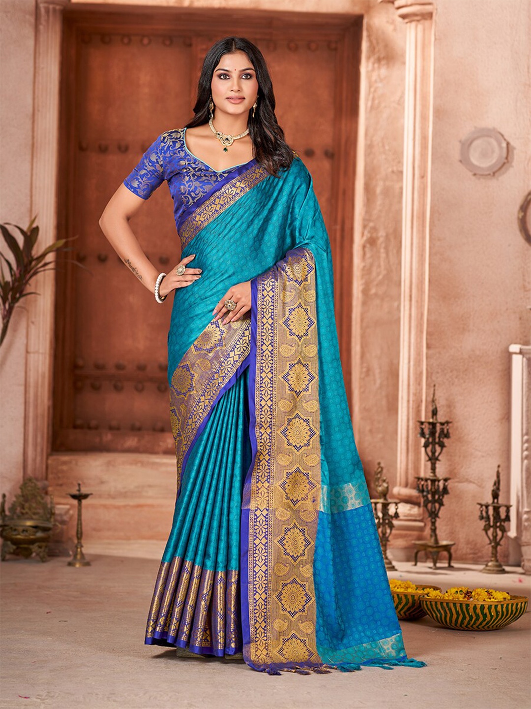 

Mitera Blue & Gold-Toned Ethnic Motifs Woven Design Zari Pure Silk Banarasi Saree