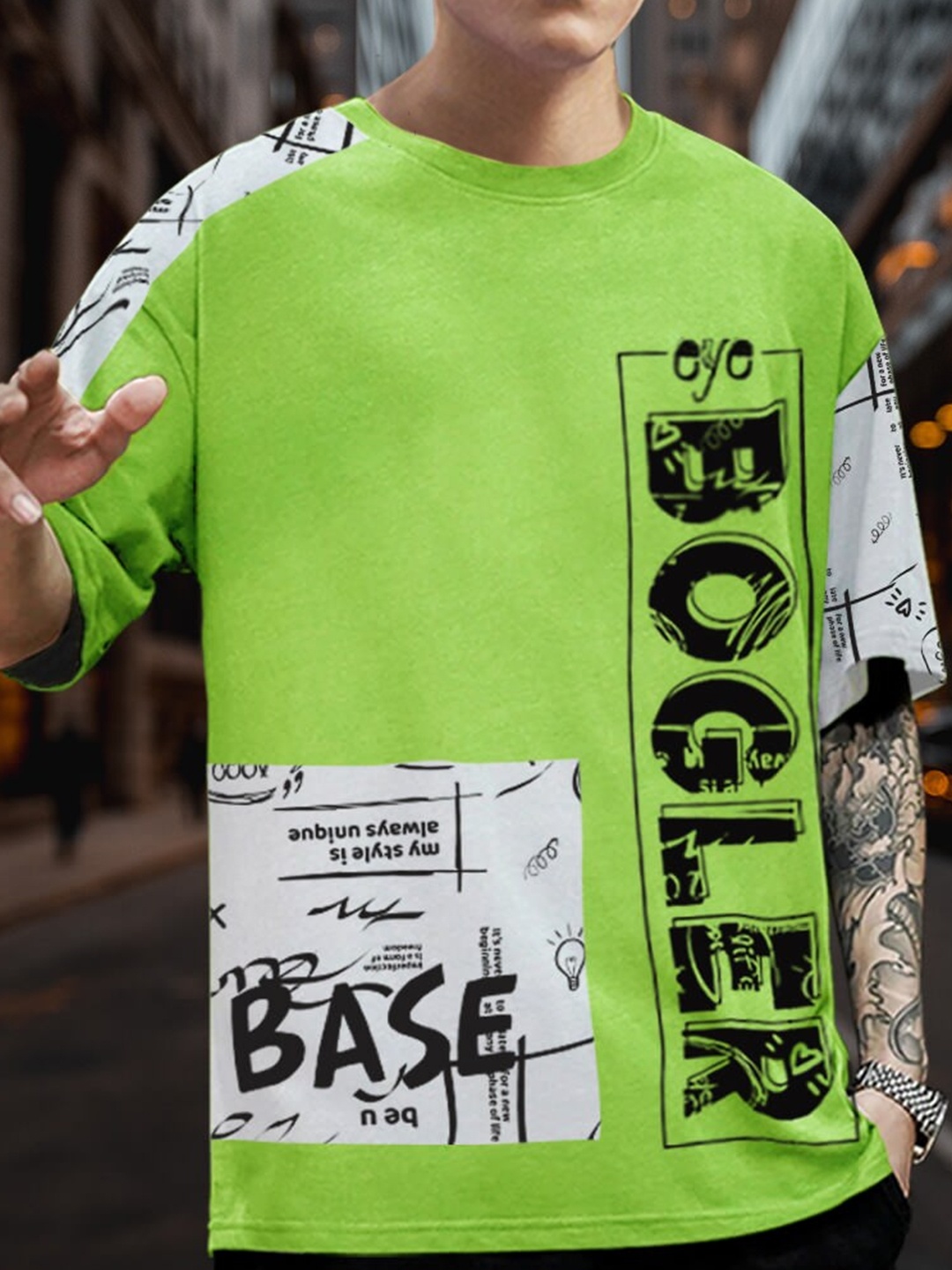 

Eyebogler Typography Printed Oversized Cotton T-shirt, Lime green