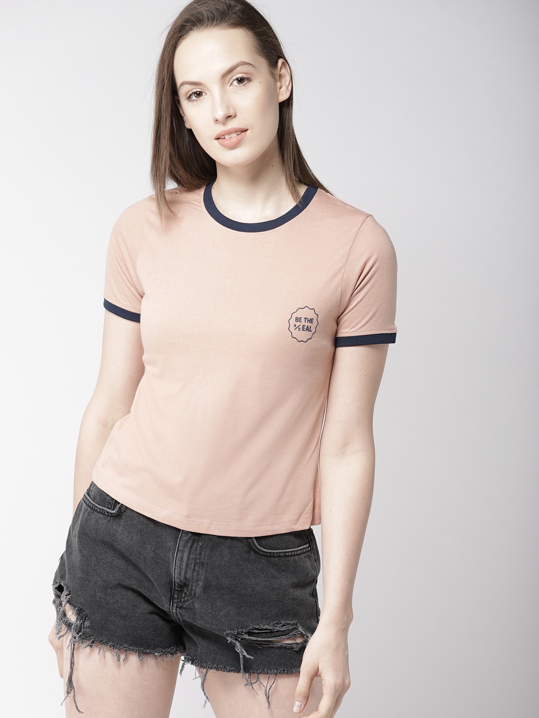 

Mast & Harbour Women Peach-Coloured Solid Round Neck T-shirt