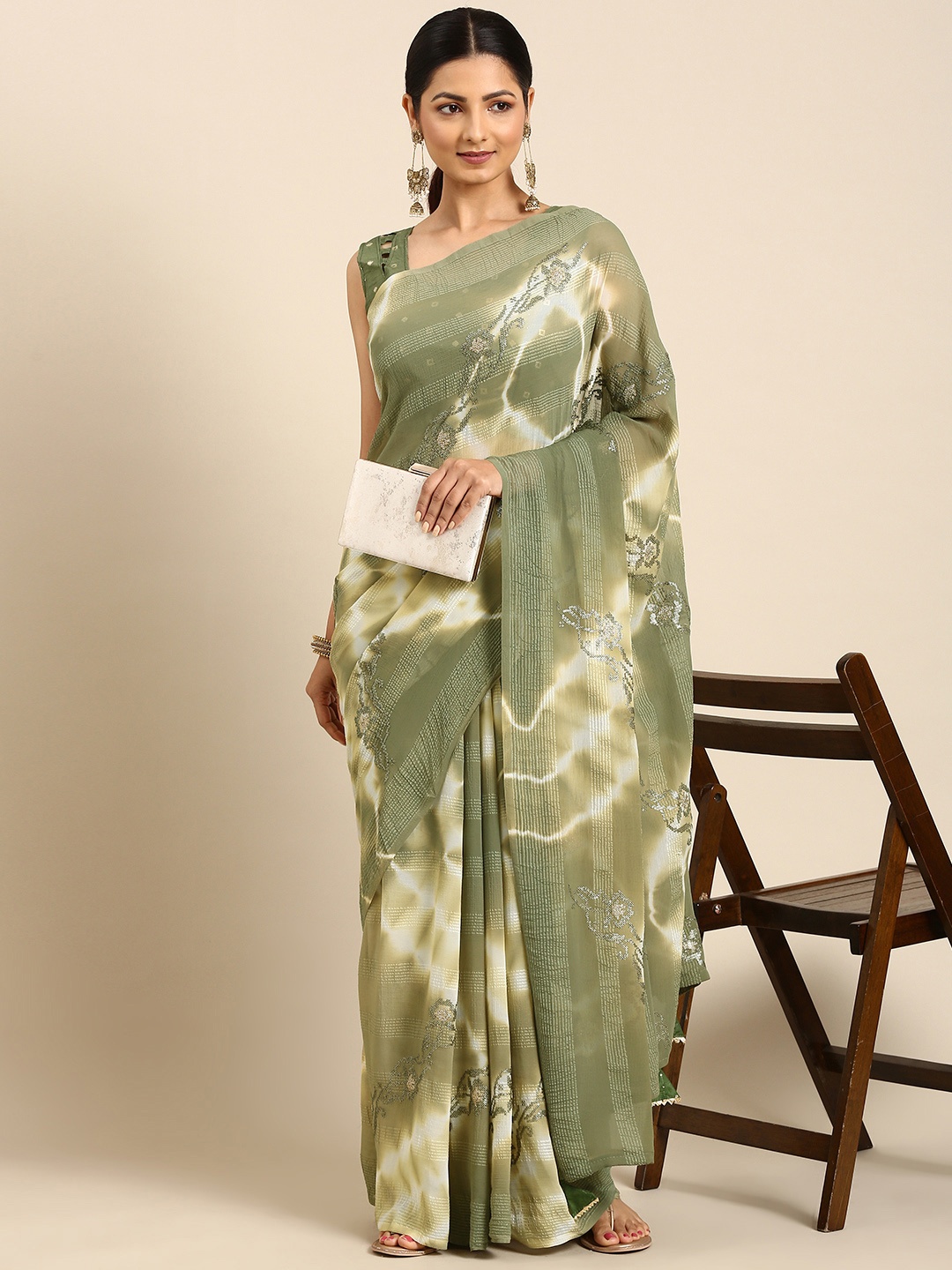 

Mitera Printed Sequinned Pure Georgette Saree, Olive