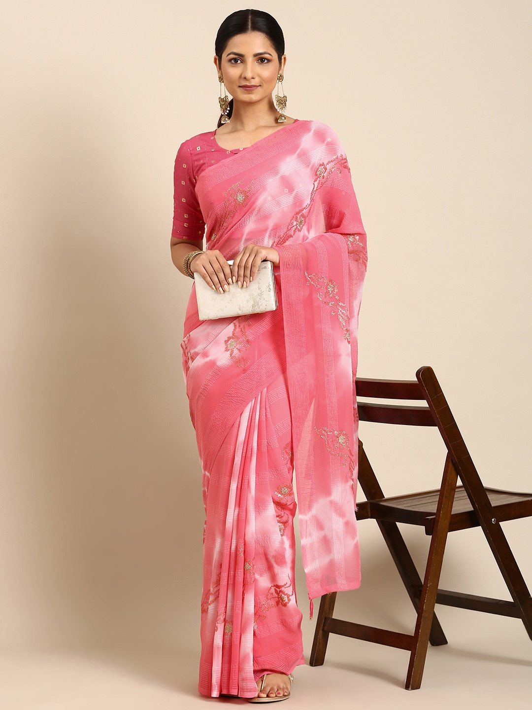 

Mitera Printed Sequinned Pure Georgette Saree, Pink