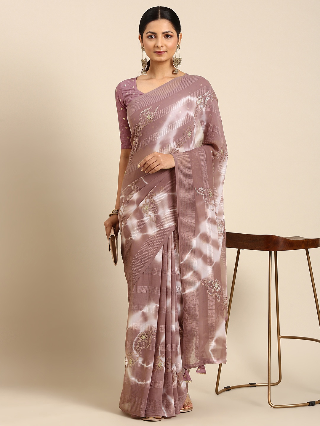 

Mitera Printed Sequinned Pure Georgette Saree, Brown