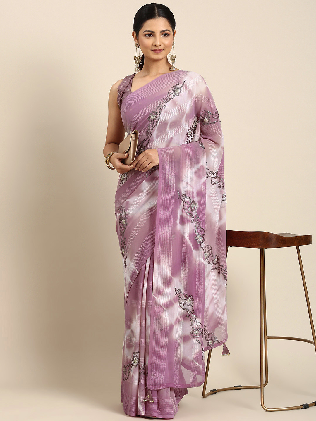 

Mitera Printed Sequinned Pure Georgette Saree, Purple
