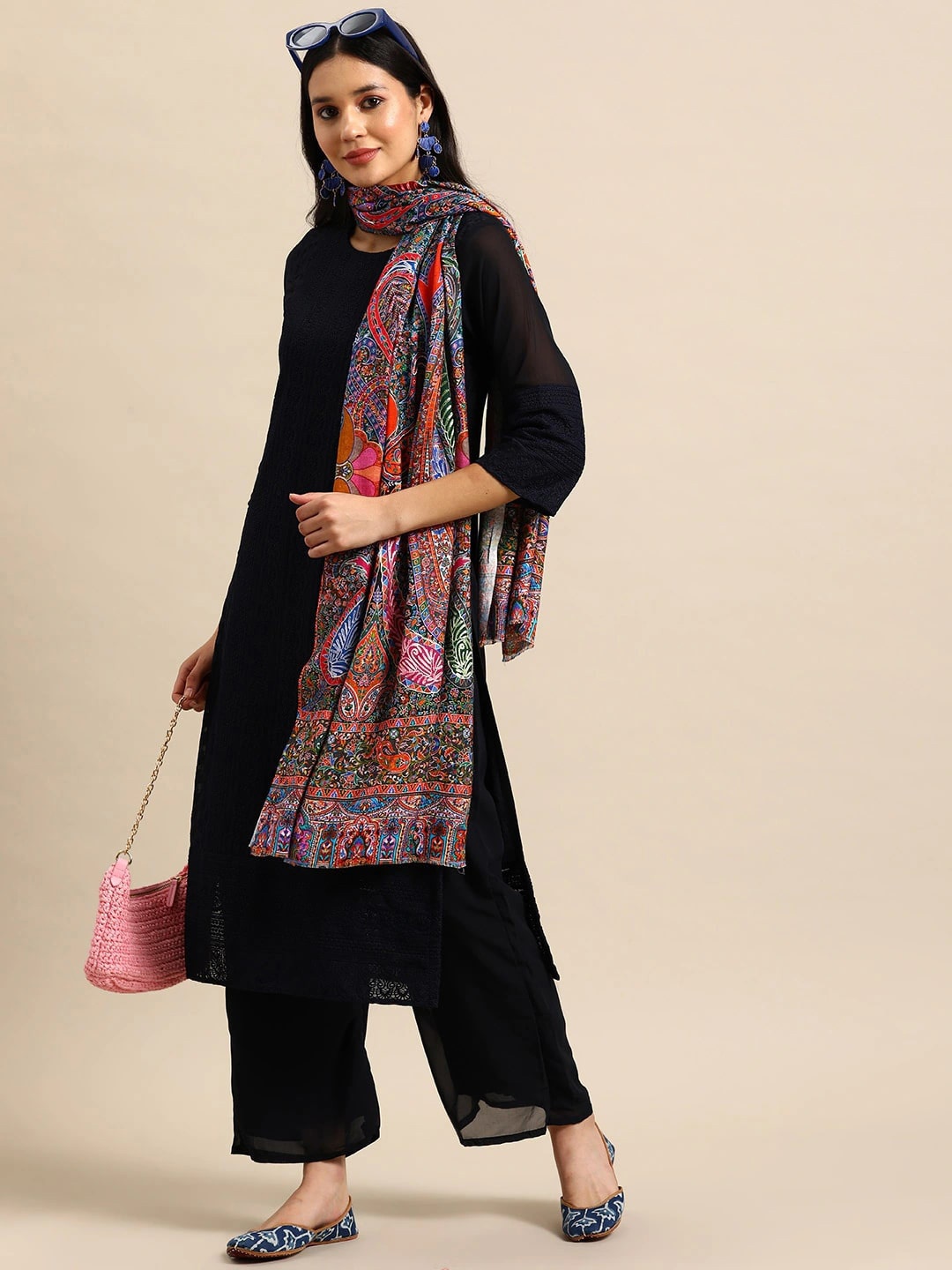 

Sangria Paisley Printed Modal Stole, Blue