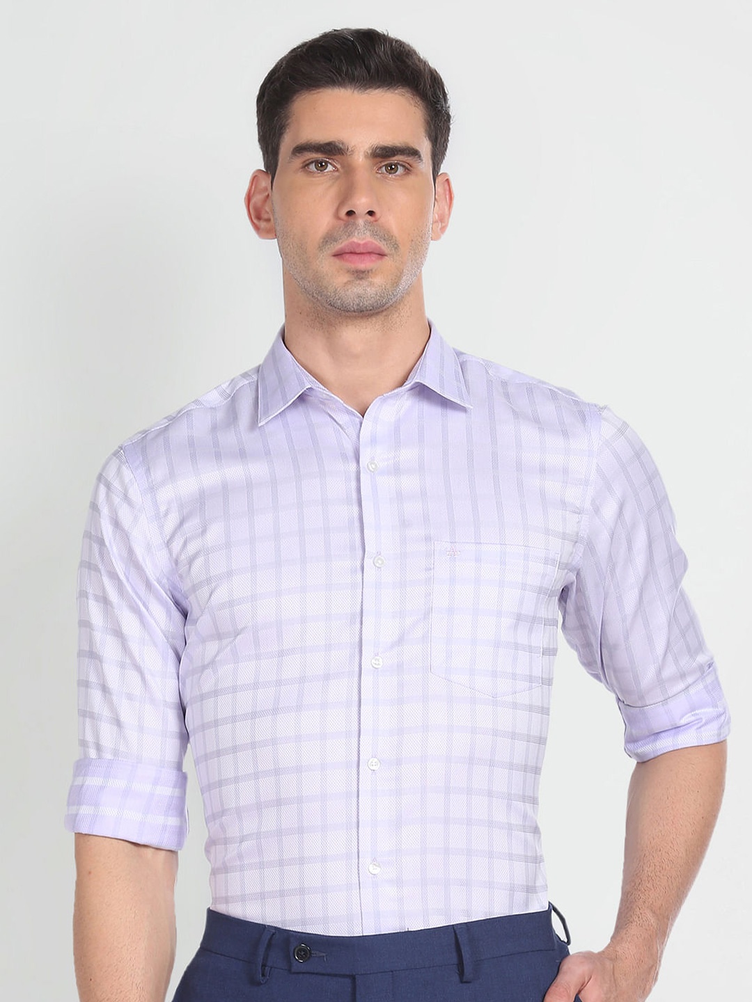

Arrow Grid Tattersall Checked Pure Cotton Formal Shirt, Purple