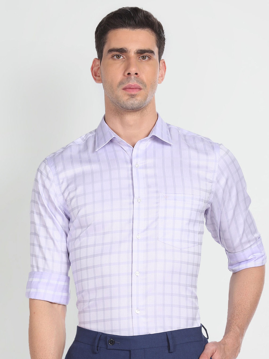 

Arrow Grid Tattersall Checked Pure Cotton Formal Shirt, Purple