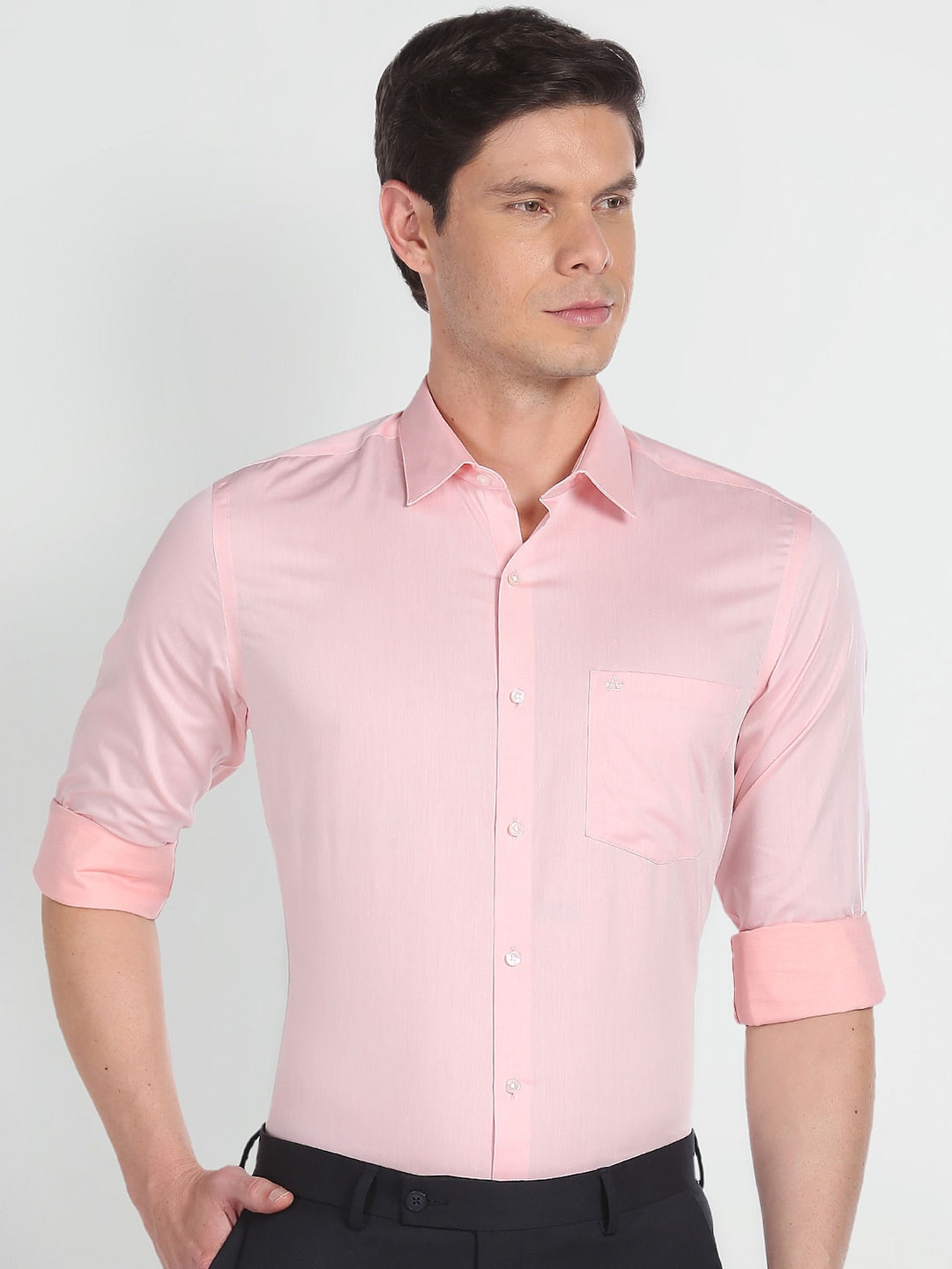 

Arrow Spread Collar Long Sleeve Pocket Cotton Formal Shirt, Pink