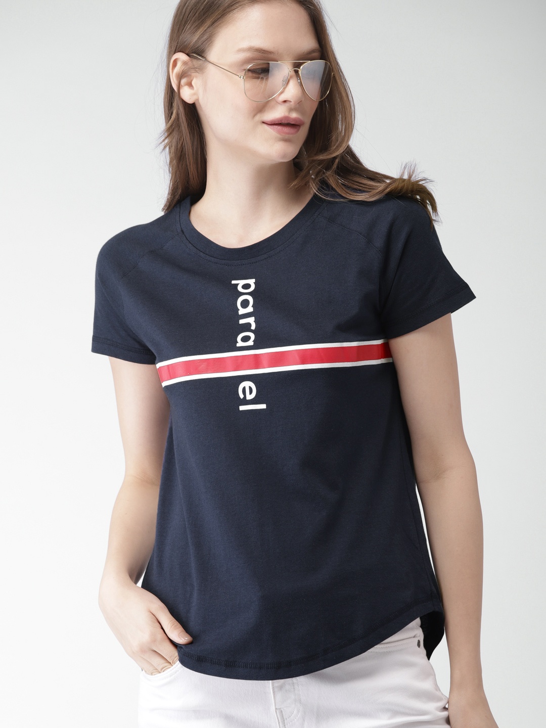 

Mast & Harbour Women Navy Printed Round Neck T-shirt, Navy blue
