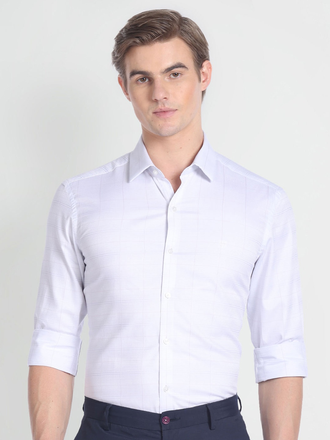

Arrow Slim Fit Windowpane Checked Pure Cotton Formal Shirt, Grey