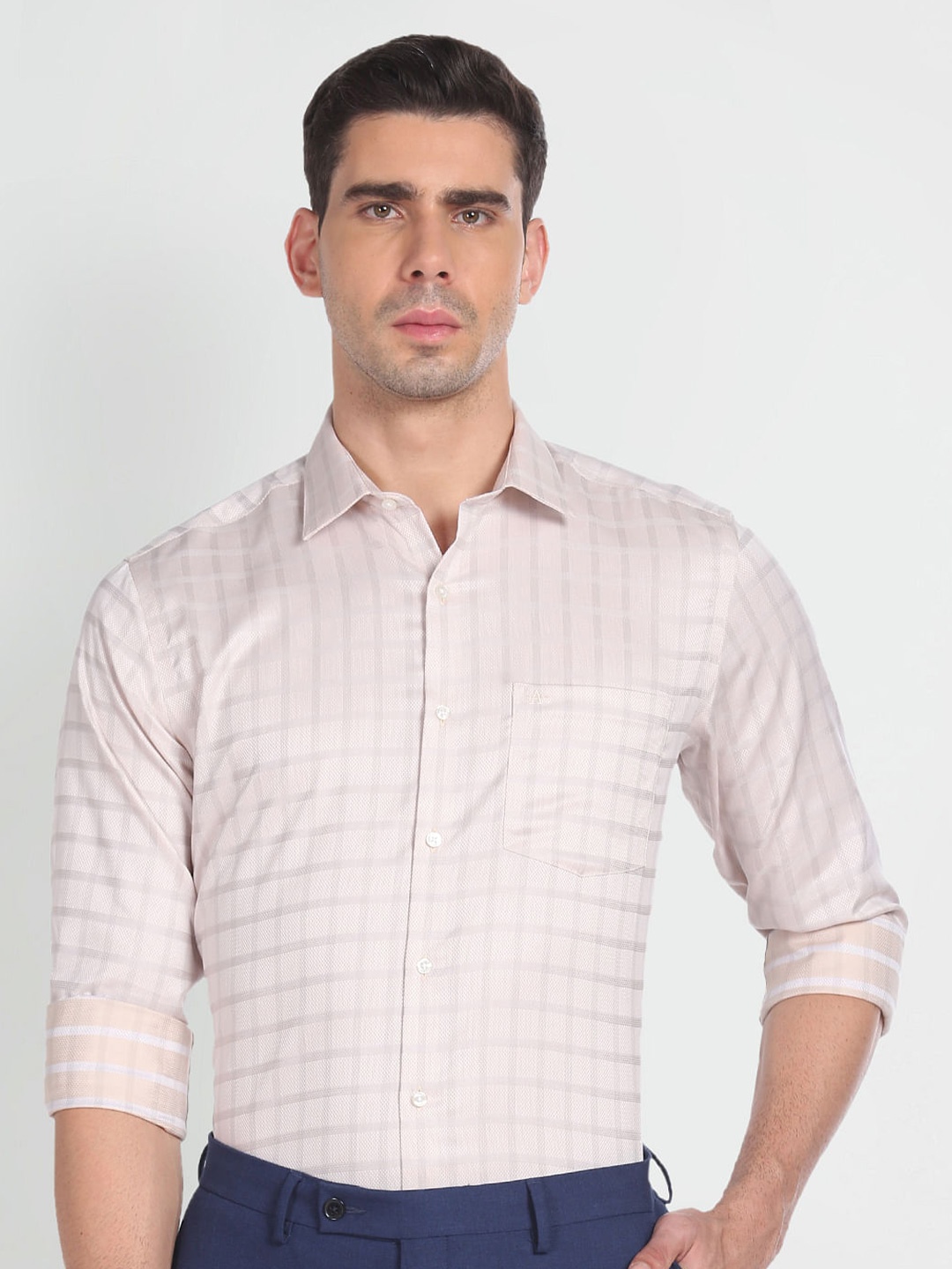 

Arrow Grid Tattersall Checked Pure Cotton Formal Shirt, Beige