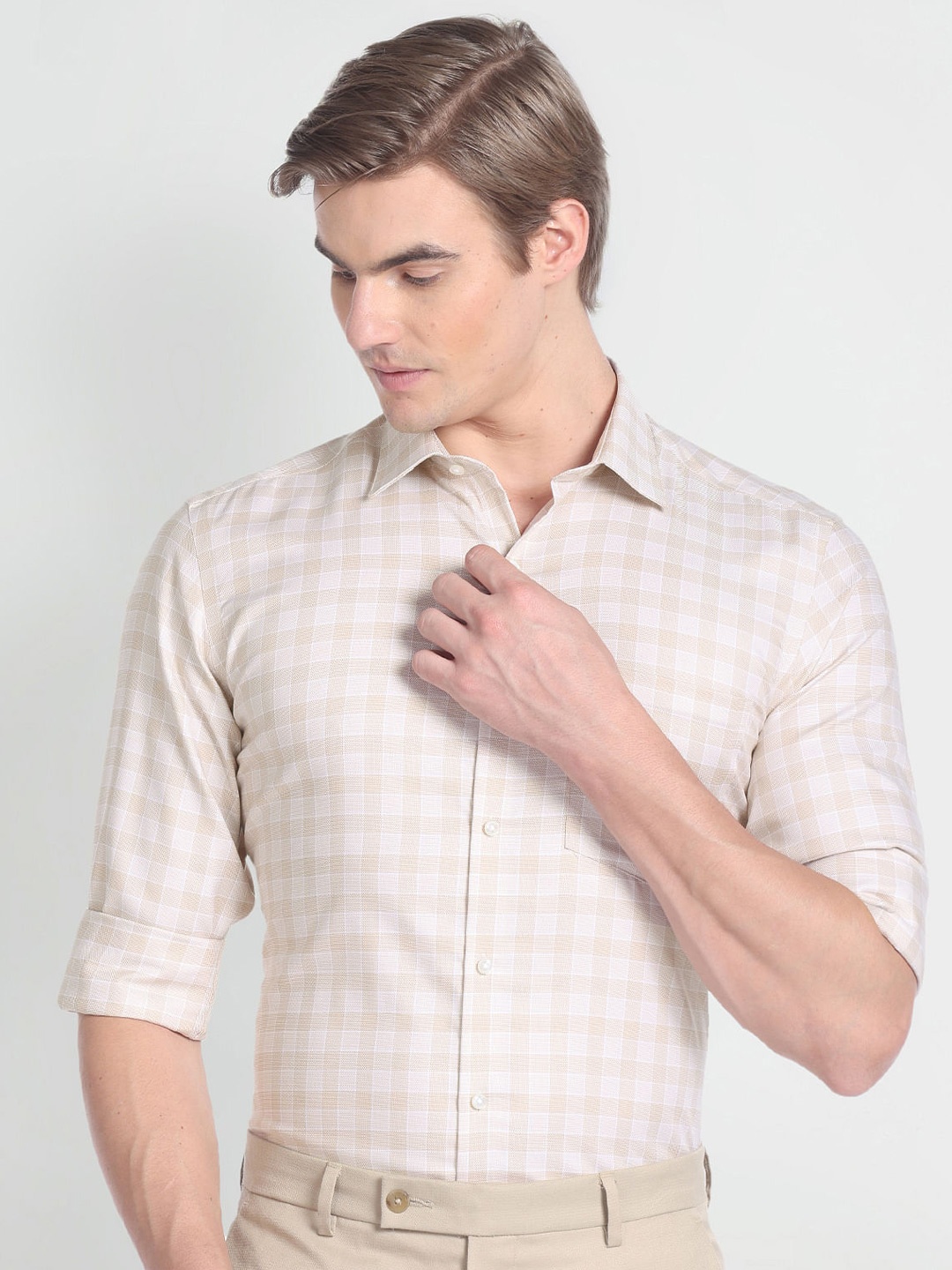 

Arrow Gingham Checked Spread Collar Pure Cotton Formal Shirt, Brown
