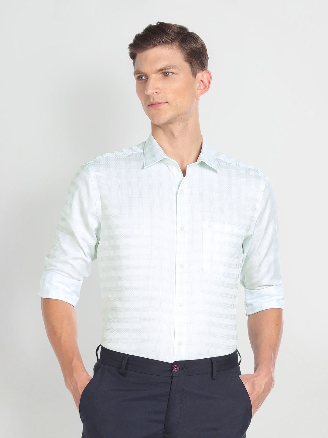 

Arrow Horizontal Striped Pure Cotton Formal Shirt, Green