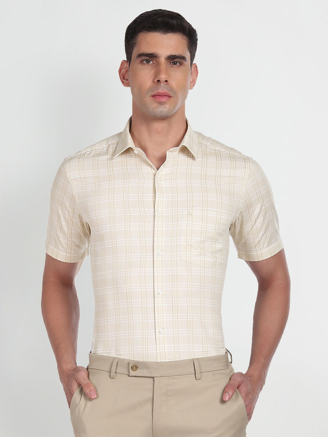 

Arrow Tartan Checked Pure Cotton Formal Shirt, Beige