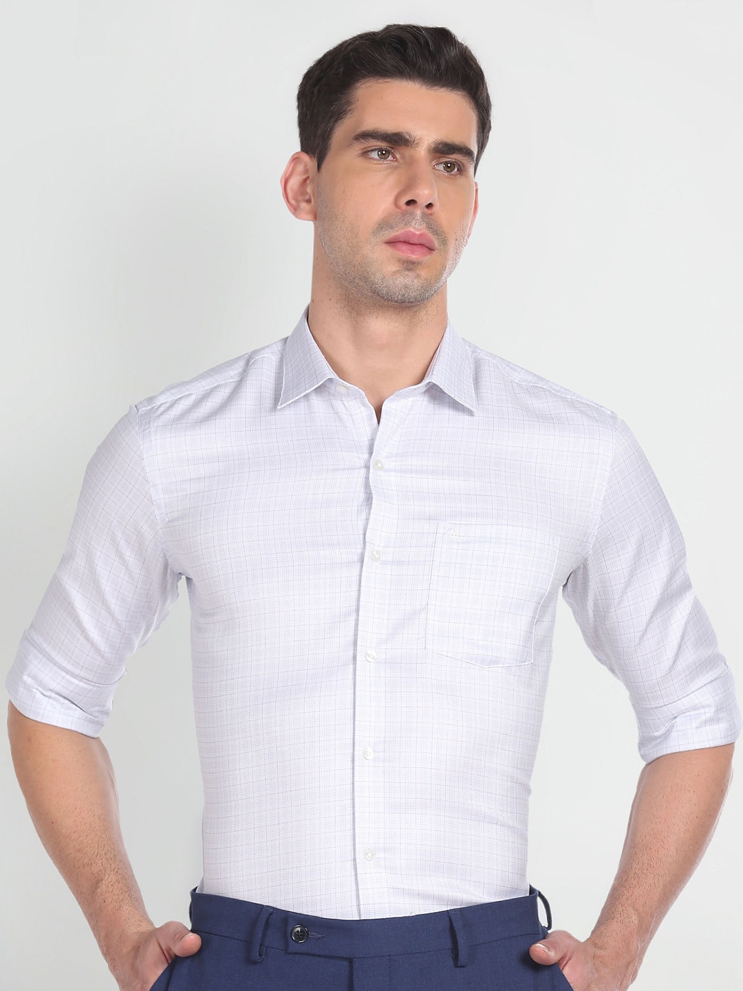 

Arrow Slim Fit Grid Tattersall Checked Pure Cotton Formal Shirt, Grey