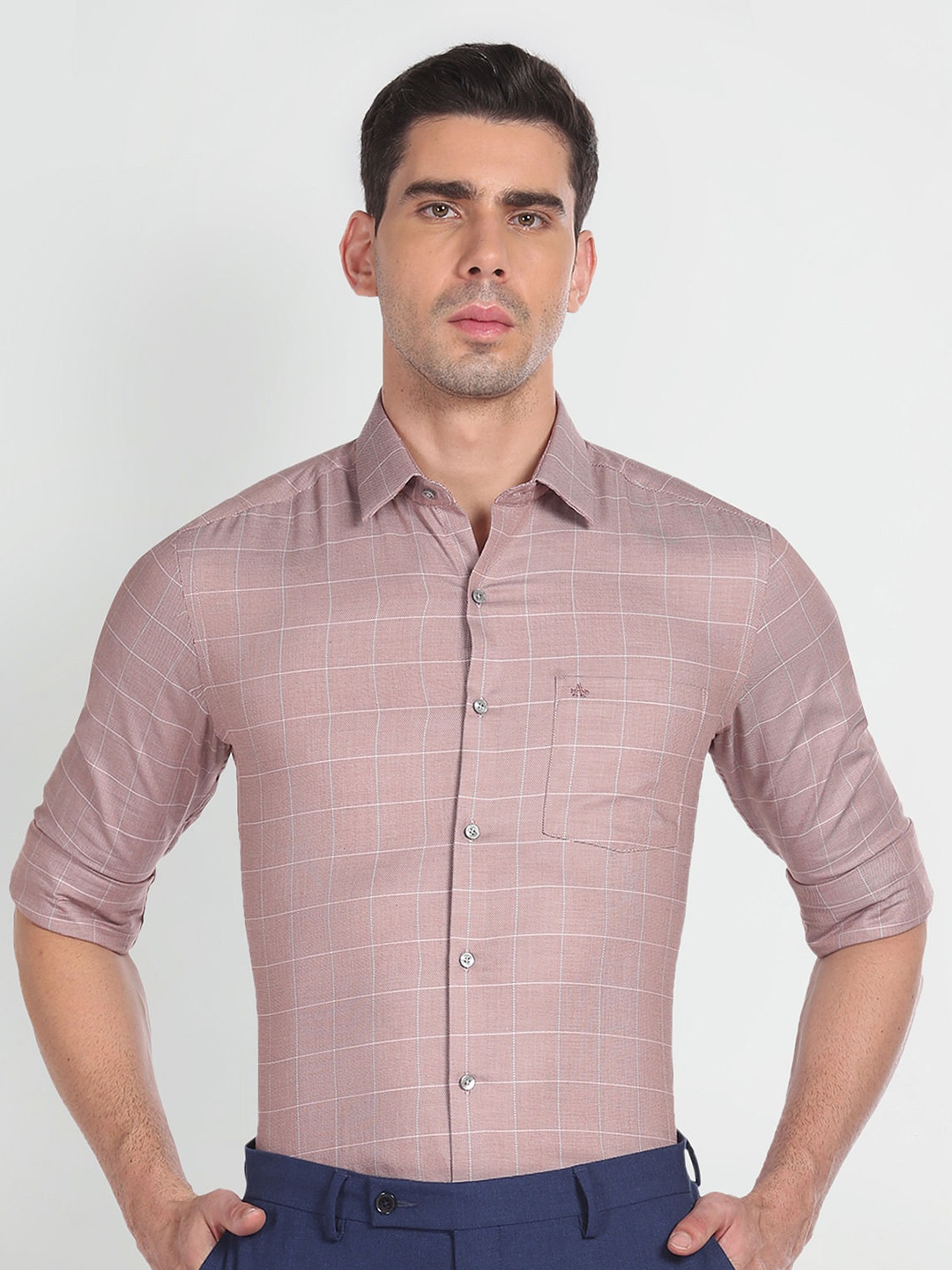 

Arrow Windowpane Checked Spread Collar Slim Fit Pure Cotton Formal Shirt, Mauve