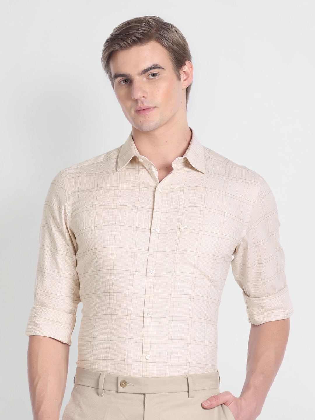 

Arrow Checked Spread Collar Pure Cotton Formal Shirt, Brown
