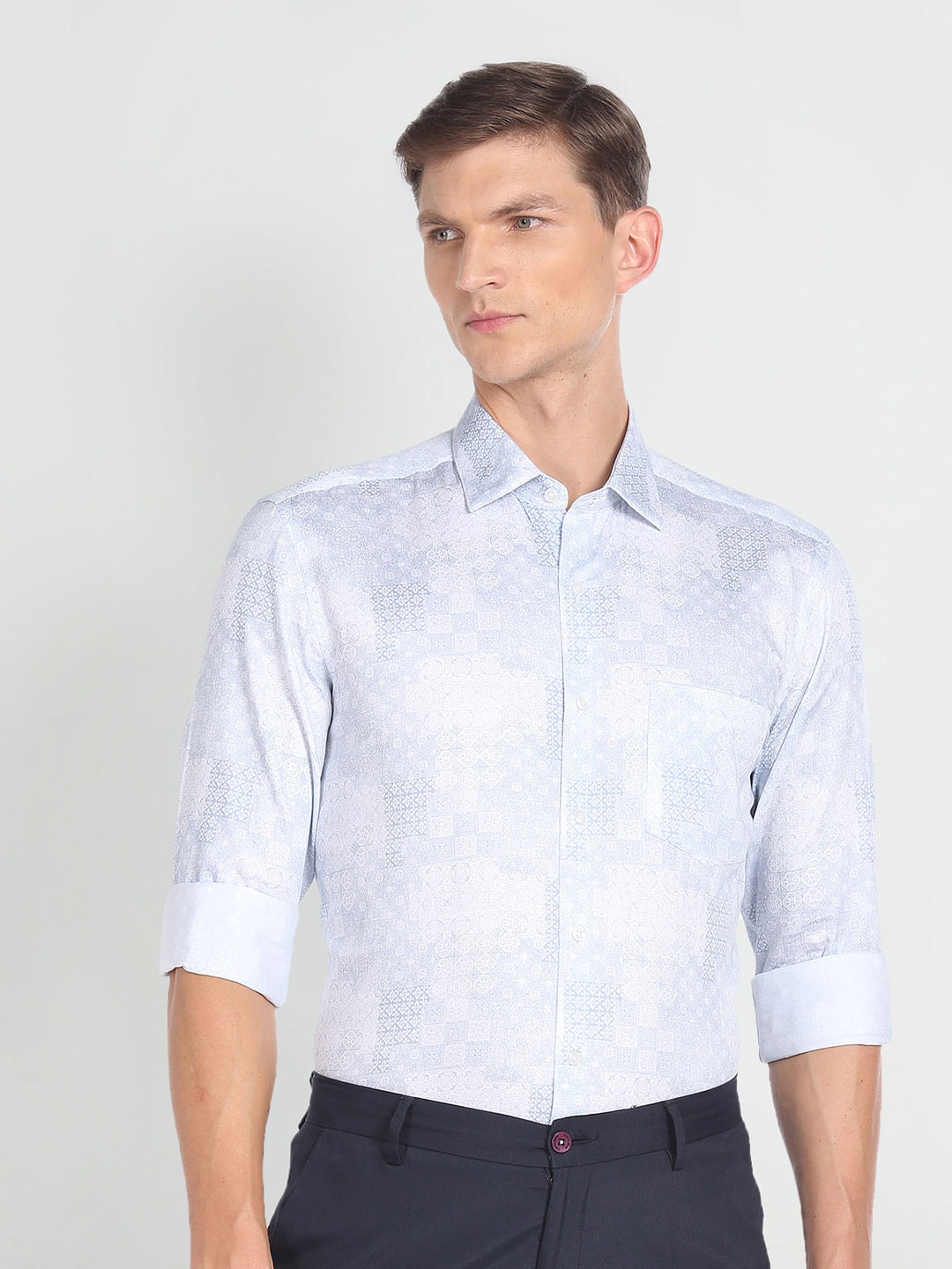 

Arrow Slim Fit Ethnic Motifs Printed Pure Cotton Formal Shirt, Blue