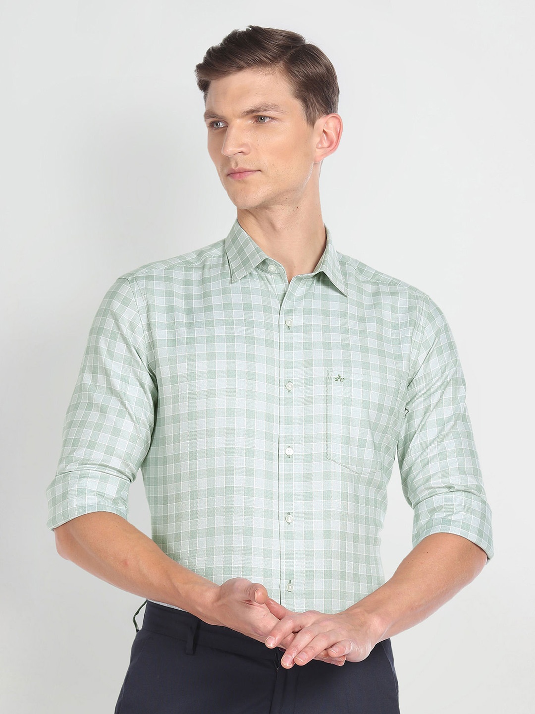 

Arrow Gingham Checked Slim Fit Twill Pure Cotton Formal Shirt, Green