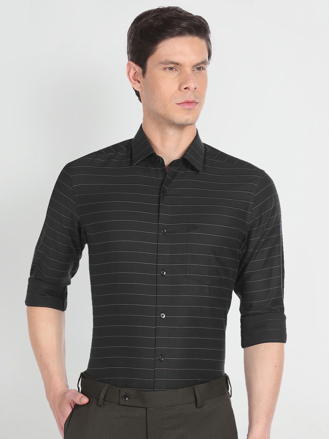 

Arrow Horizontal Striped Twill Pure Cotton Formal Shirt, Black