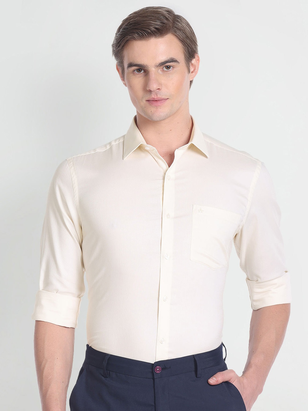 

Arrow Spread Collar Long Sleeves Pure Cotton Formal Shirt, Beige