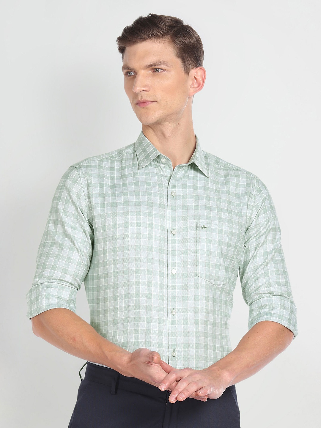 

Arrow Gingham Checked Spread Collar Slim Fit Pure Cotton Formal Shirt, Green