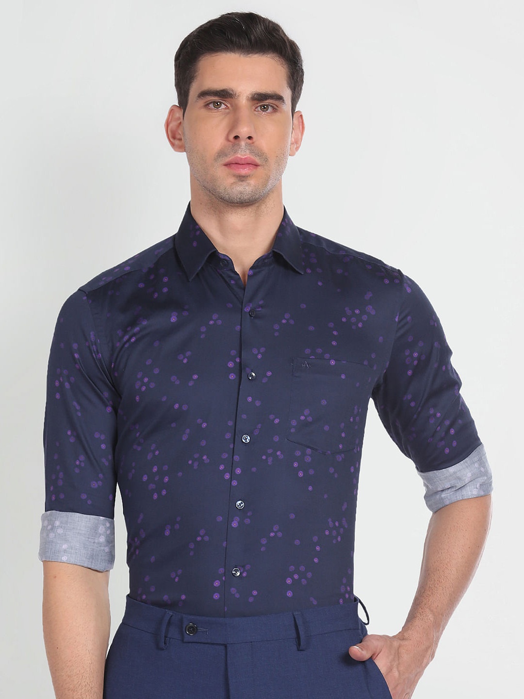 

Arrow Floral Printed Slim Fit Twill Pure Cotton Formal Shirt, Navy blue