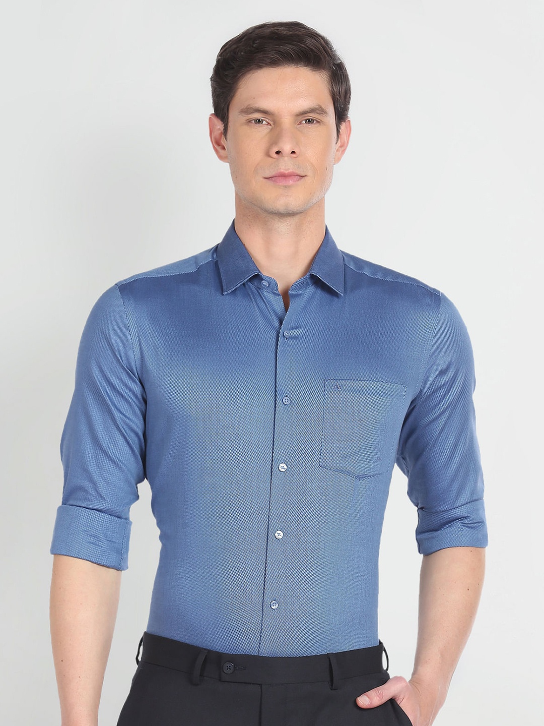 

Arrow Textured Self Design Slim Fit Pure Cotton Formal Shirt, Blue