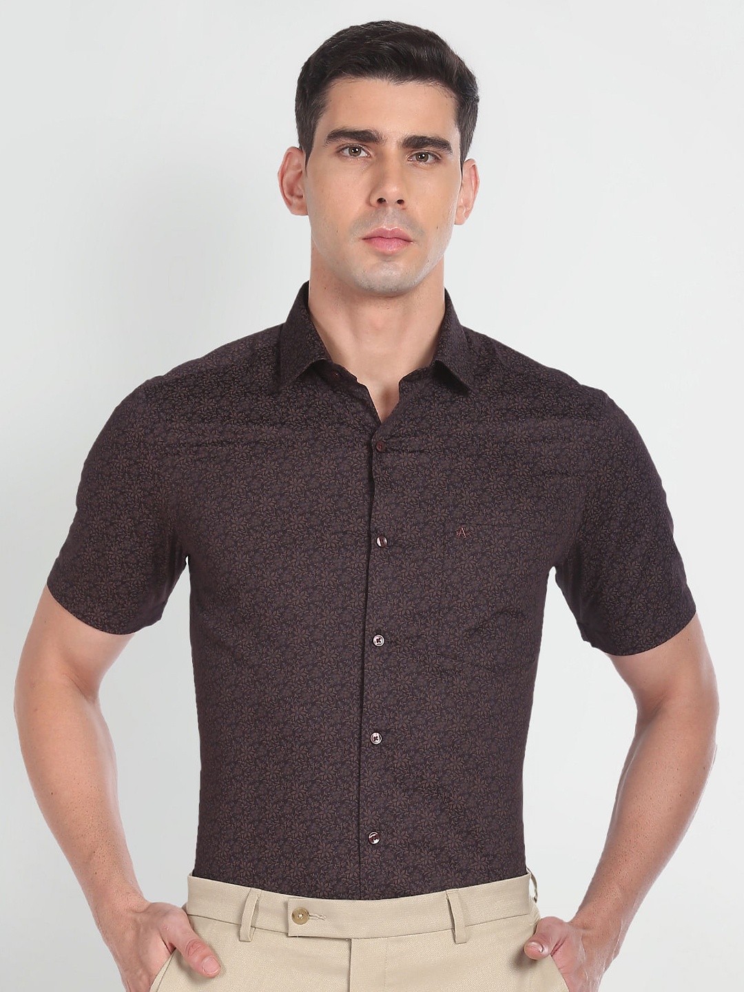 

Arrow Floral Print Spread Collar Long Sleeve Pocket Cotton Formal Shirt, Black