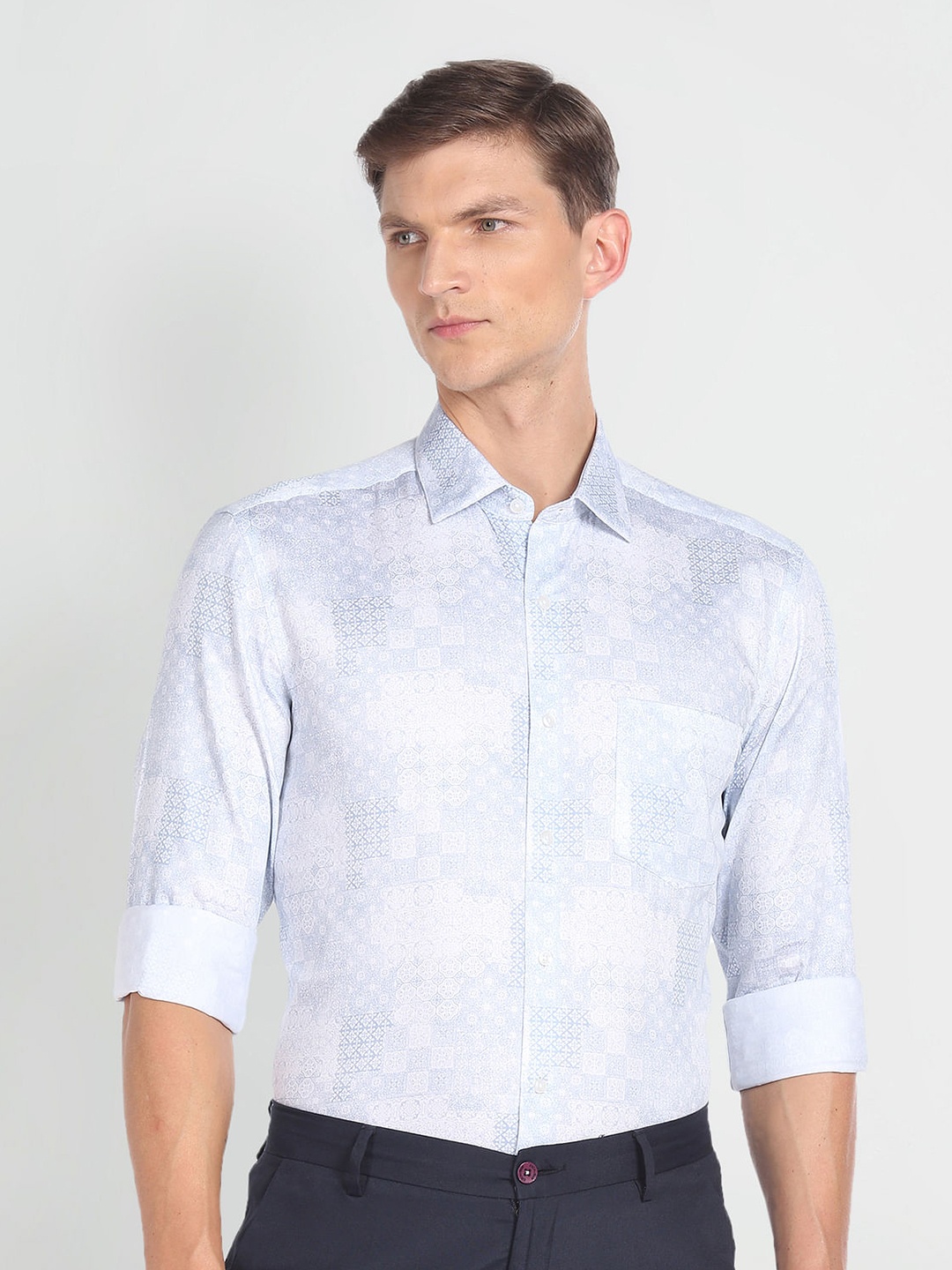 

Arrow Slim Fit Abstract Printed Spread Collar Long Sleeve Pocket Cotton Formal Shirt, Blue