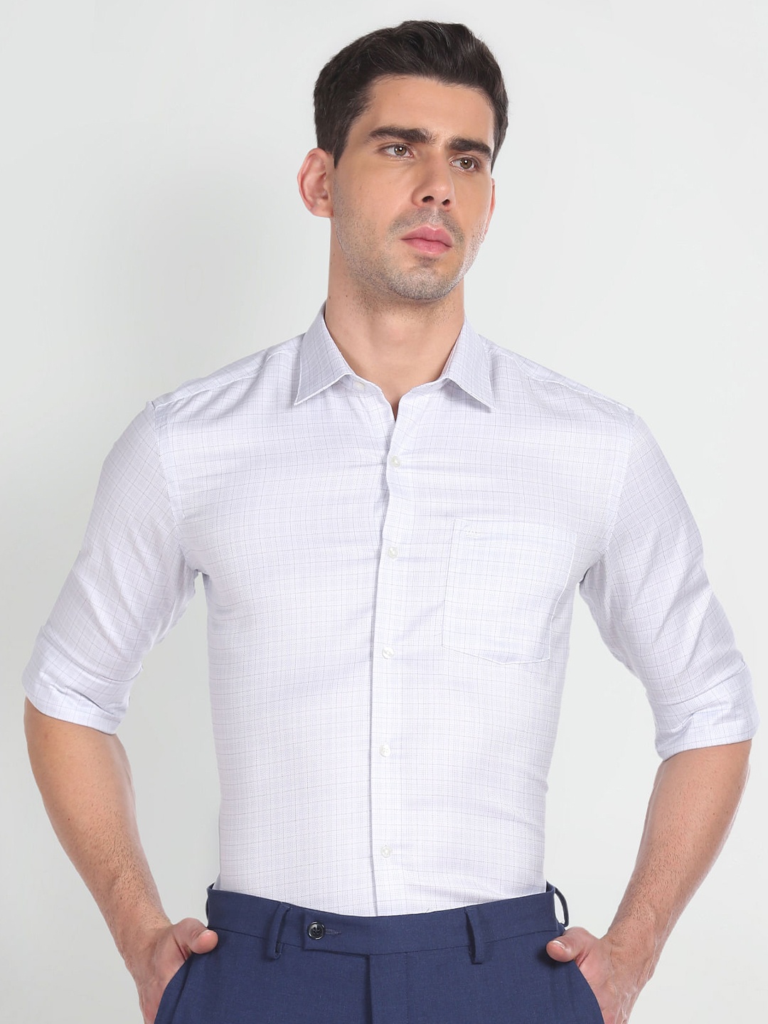 

Arrow Grid Tattersall Checked Slim Fit Twill Pure Cotton Formal Shirt, White