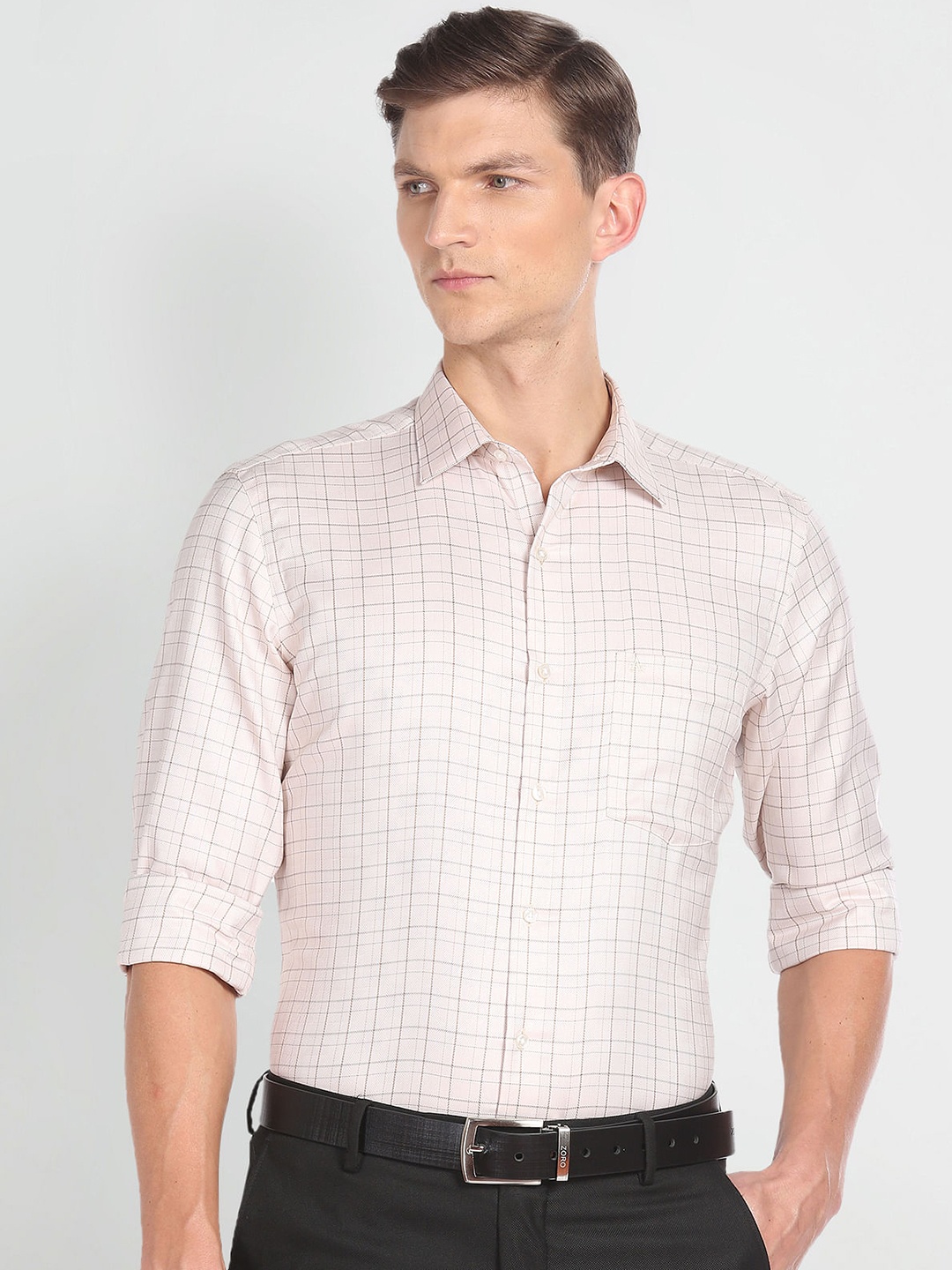 

Arrow Men Grid Tattersall Checks Spread Collar Cotton Formal Shirt, Beige