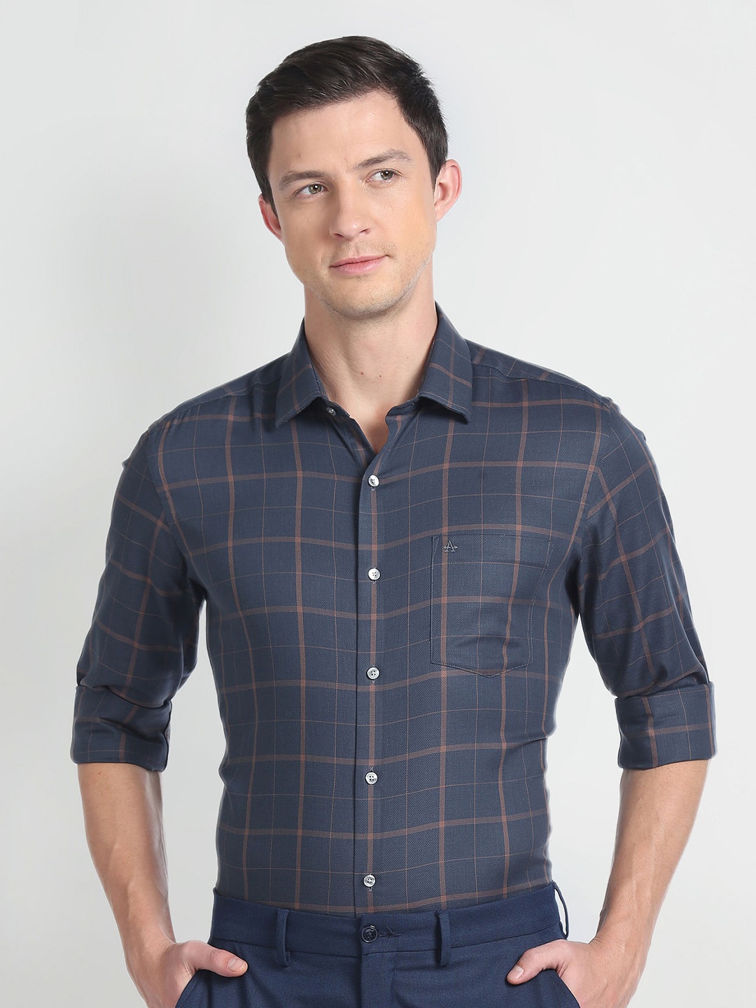 

Arrow Slim Fit Tartan Checked Pure Cotton Formal Shirt, Navy blue