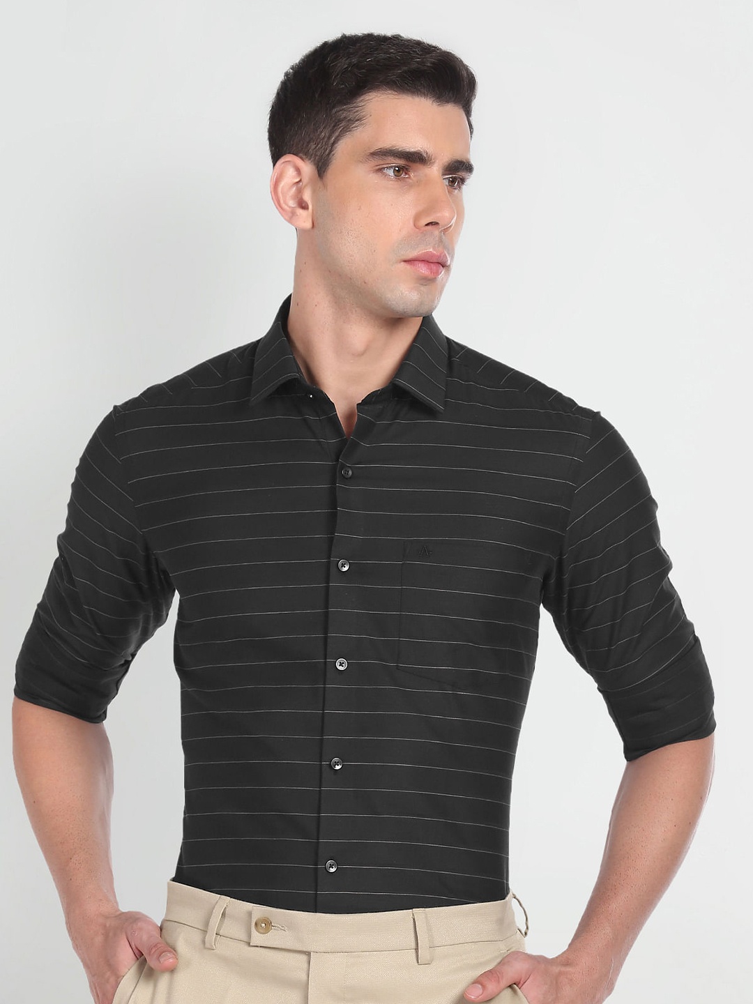

Arrow Horizontal Striped Slim Fit Twill Pure Cotton Formal Shirt, Black