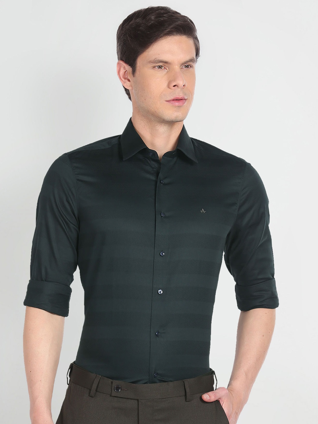 

Arrow en Horizontal Striped Twill Pure Cotton Formal Shirt, Green