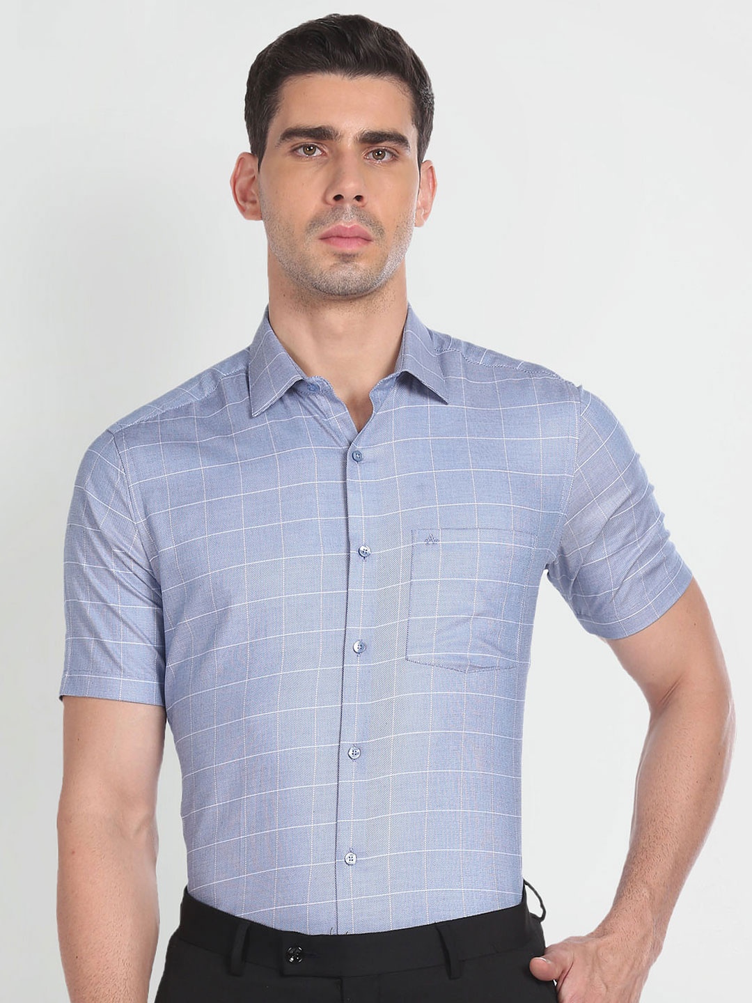 

Arrow Windowpane Checked Short Sleeves Pure Cotton Formal Shirt, Blue