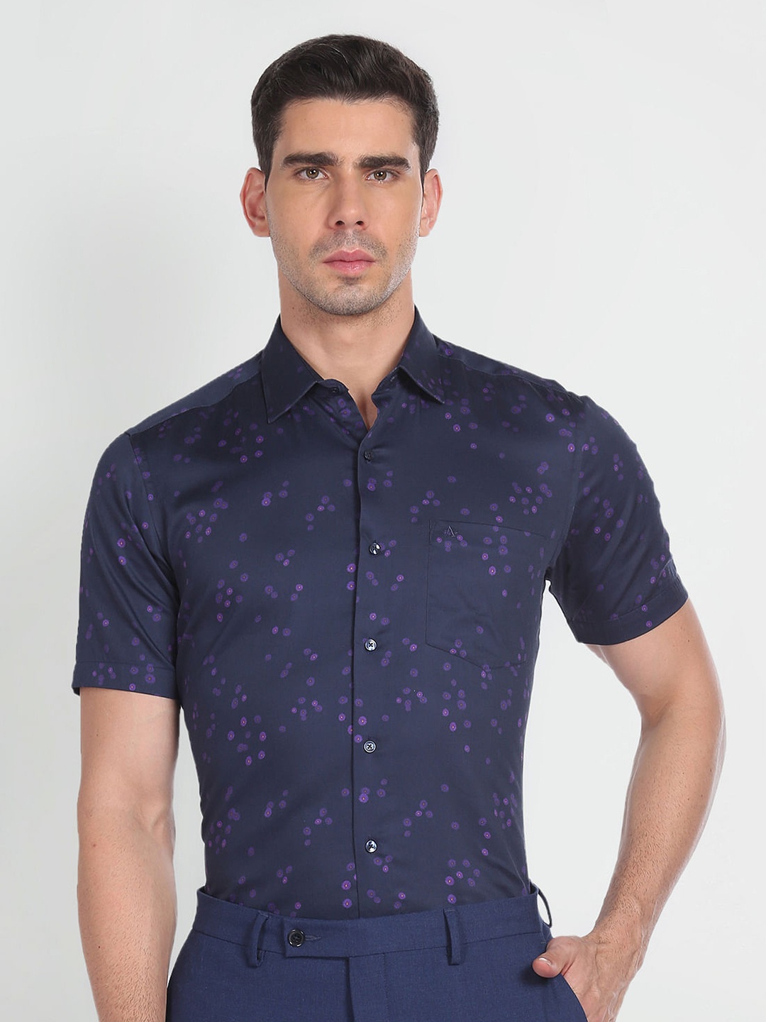 

Arrow Floral Printed Spread Collar Pure Cotton Formal Shirt, Blue