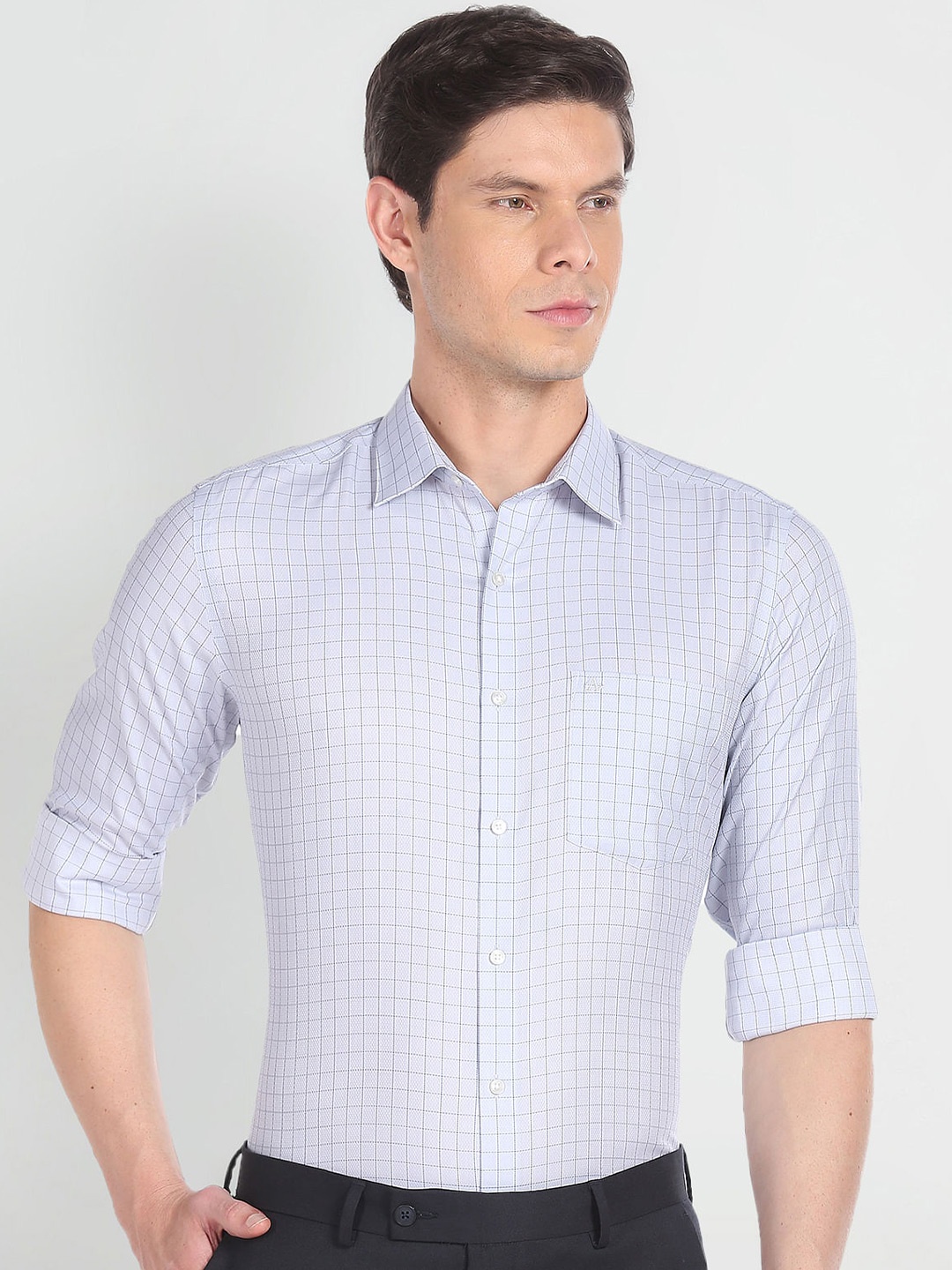 

Arrow Grid Tattersall Checks Spread Collar Long Sleeve Cotton Formal Shirt, Grey
