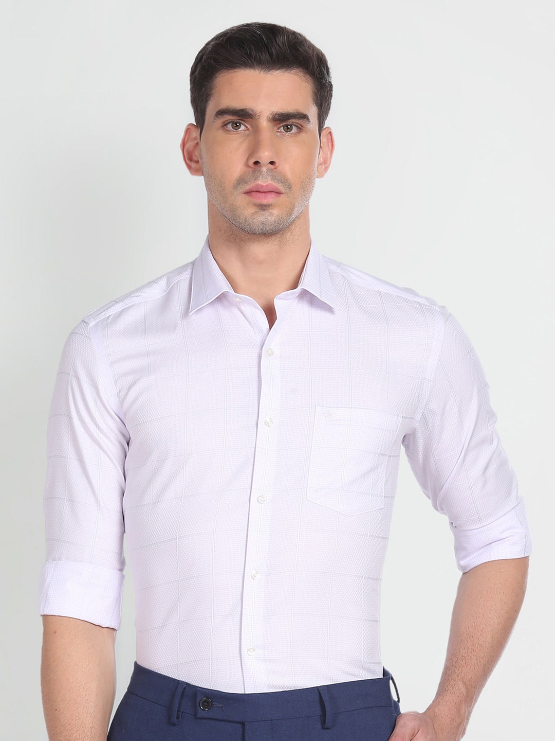 

Arrow Windowpane Checked Spread Collar Slim Fit Pure Cotton Formal Shirt, Purple