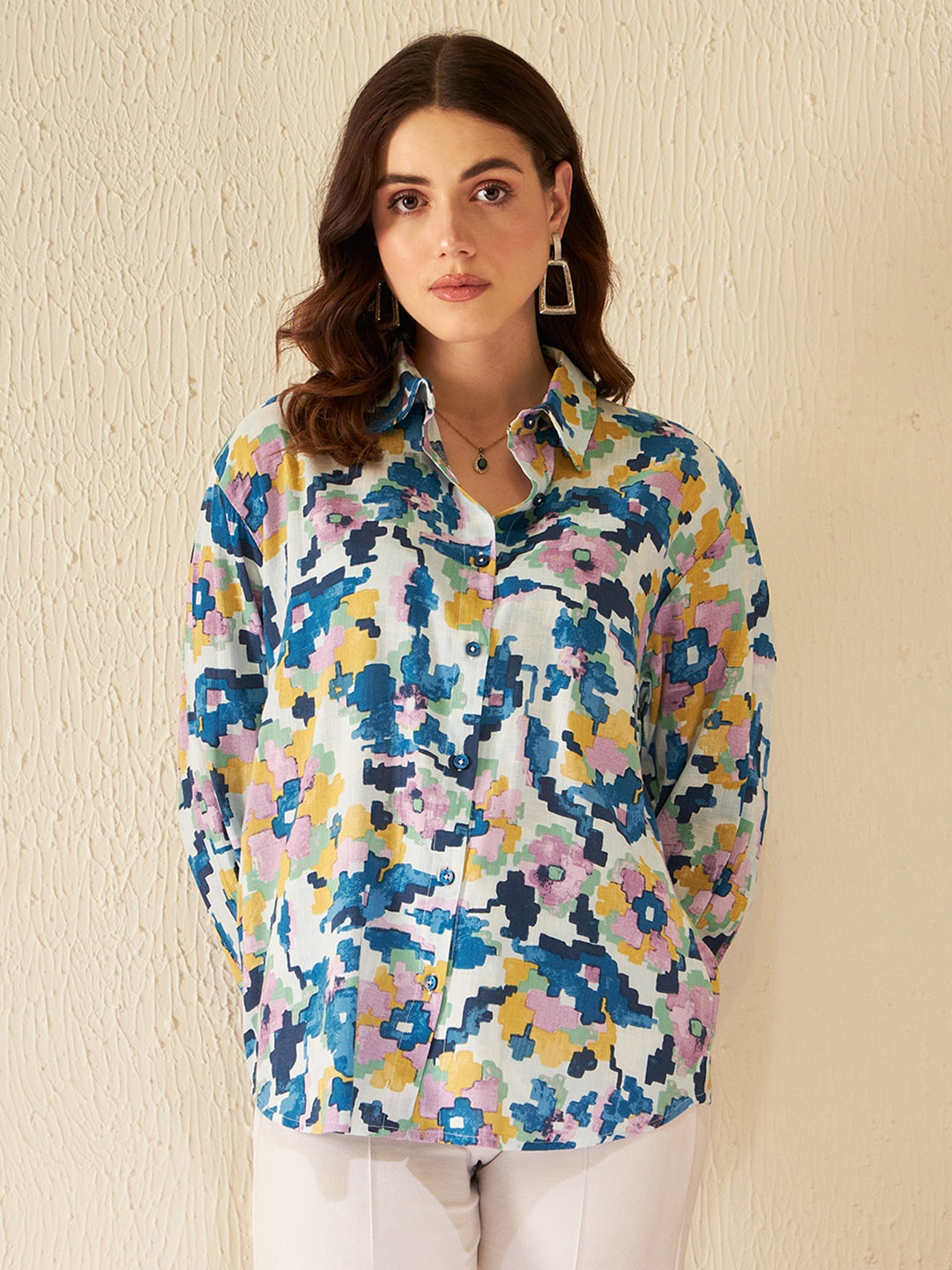

DENNISON Smart Geometric Printed Oversized Casual Shirt, White