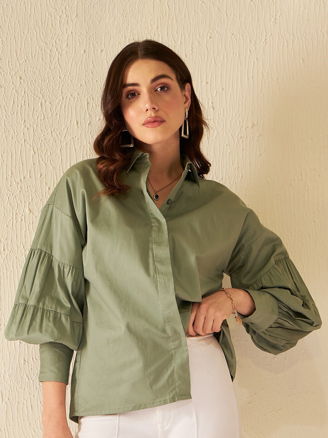 

DENNISON Smart Puff Sleeves Gathers Detail Cotton Casual Shirt, Green