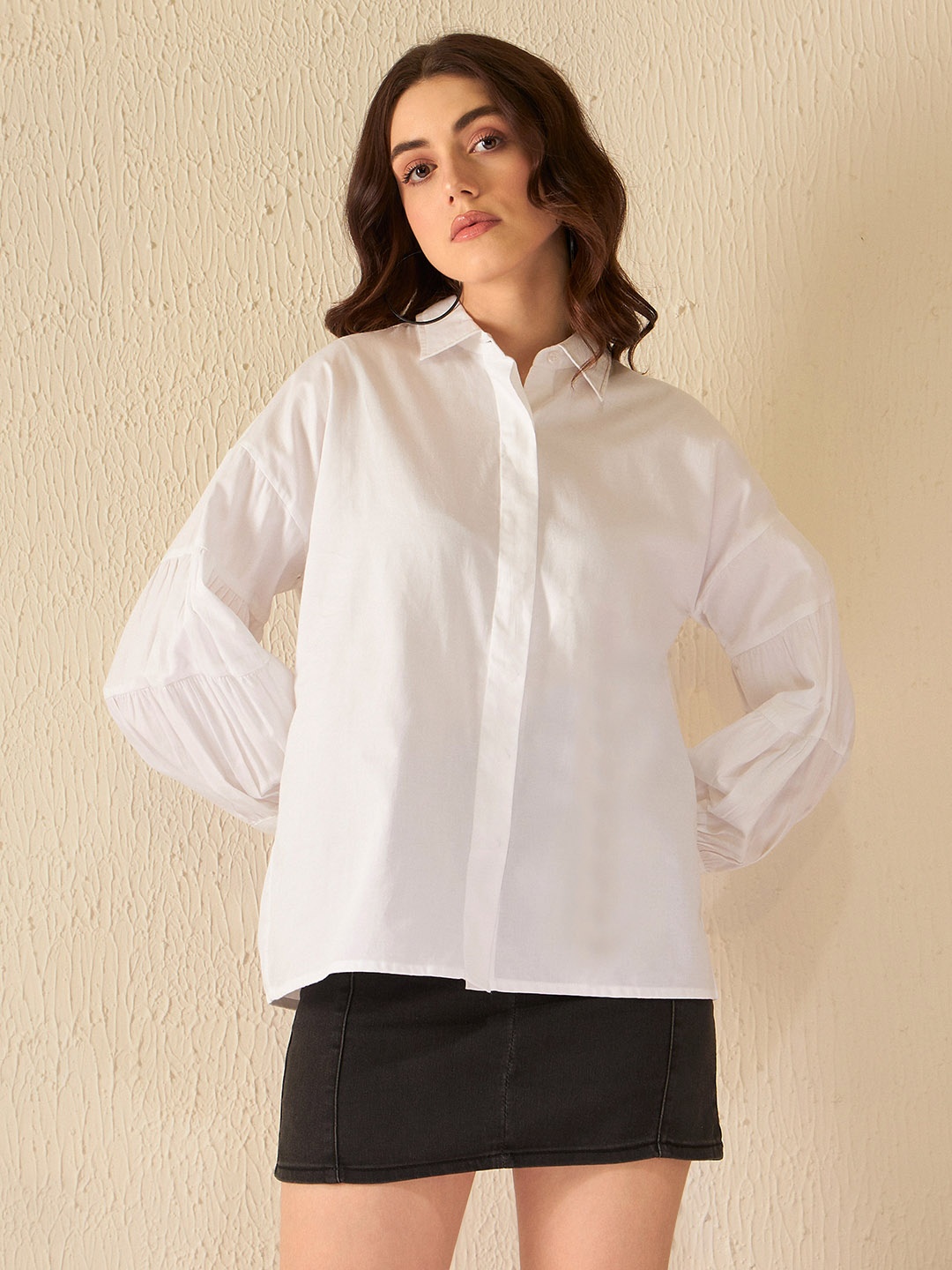 

DENNISON Smart Puff Sleeves Gathers Detail Cotton Casual Shirt, White