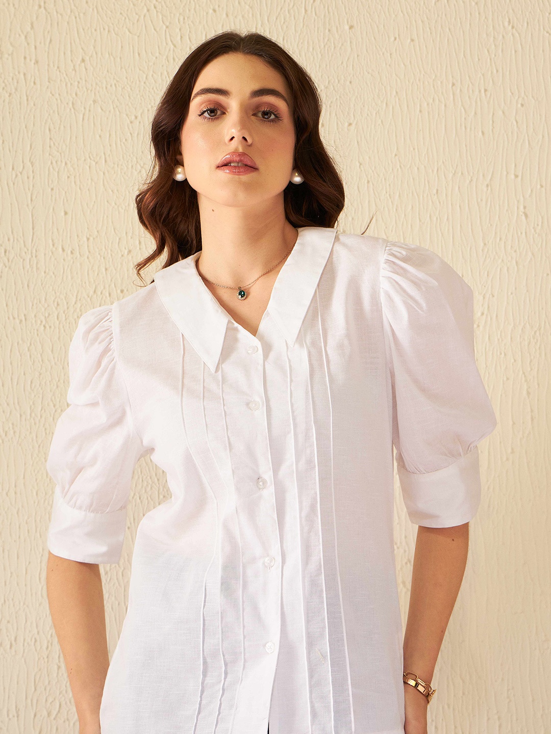 

DENNISON Puffed Sleeves Shirt Style Top, White