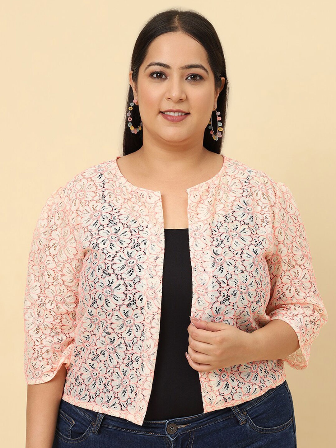 

UnaOne Plus Size Self Design Cotton Open Front Shrug, Orange