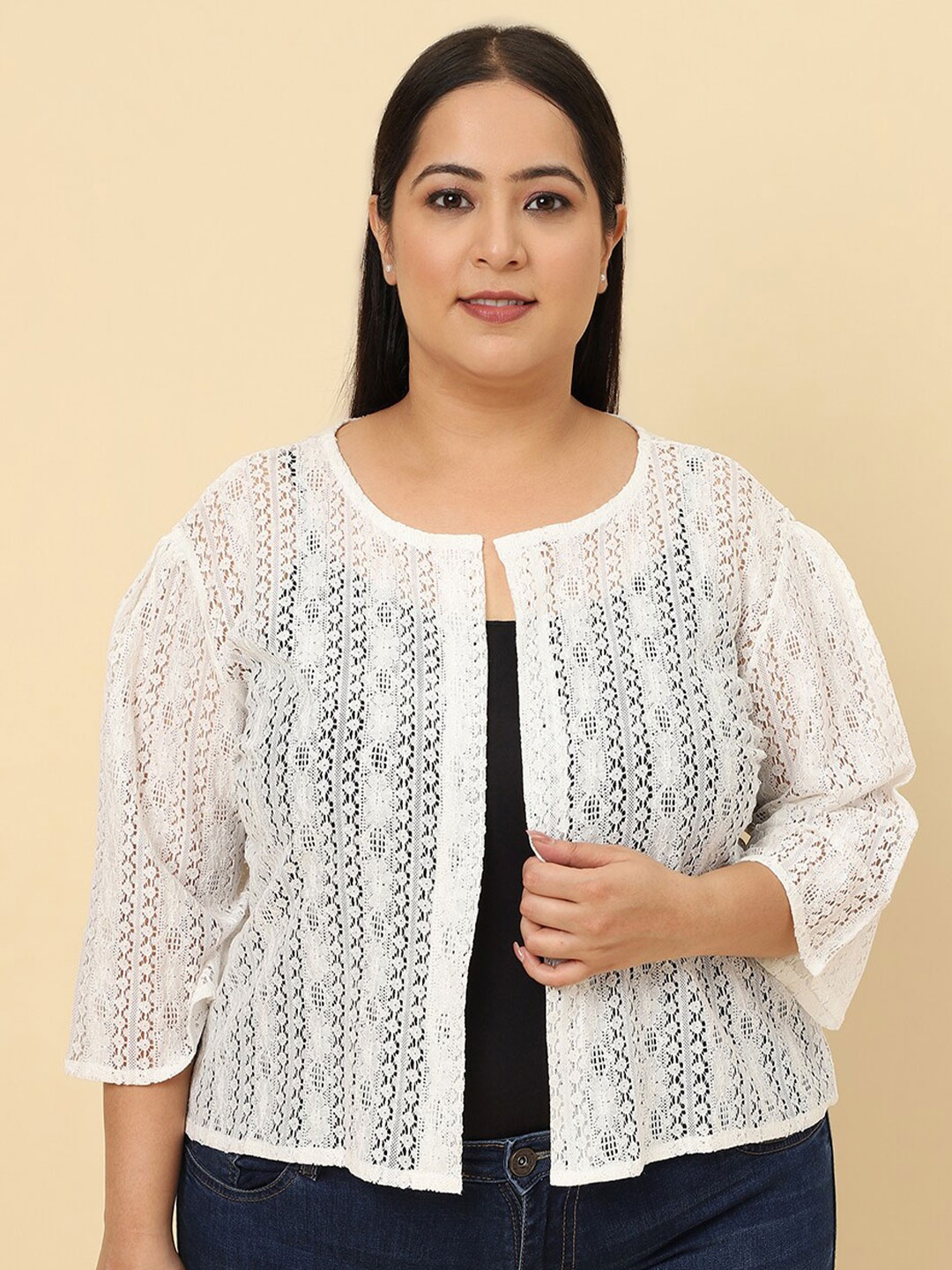 

UnaOne Plus Size Self Design Cotton Open Front Shrug, Off white