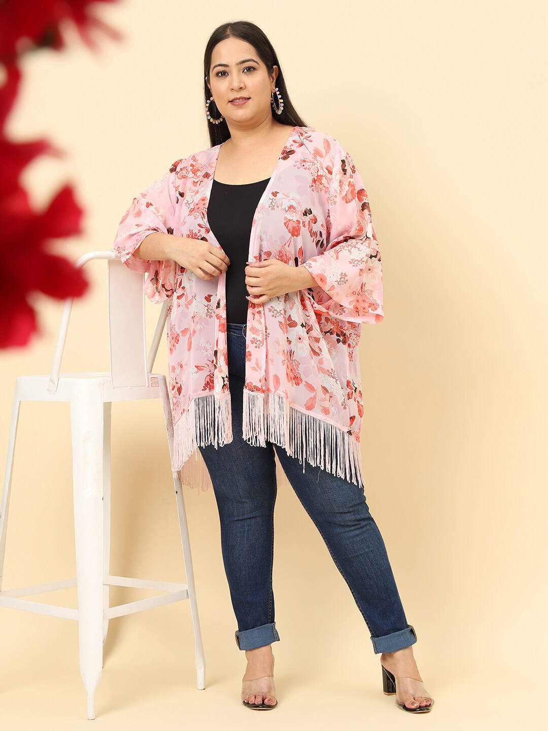 

UnaOne Plus Size Printed Tasselled Detail Open Front Longline Shrug, Pink