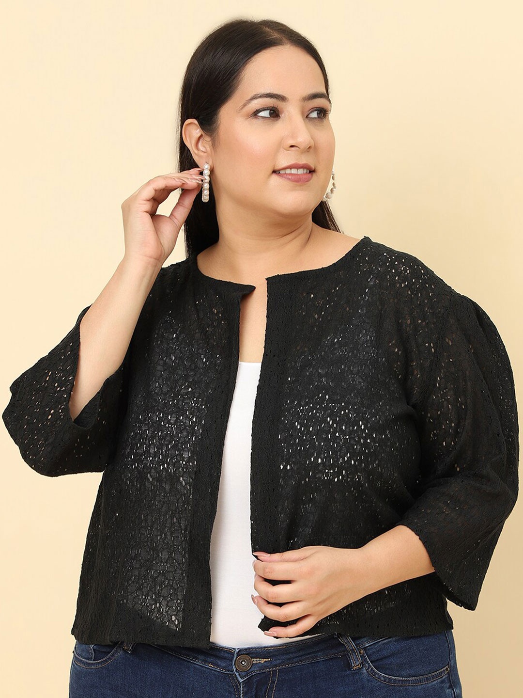 

UnaOne Plus Size Self Design Cotton Open Front Shrug, Black