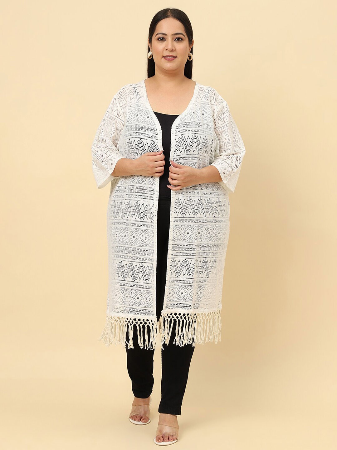 

UnaOne Plus Size Self Design Cotton Open Front Longline Shrug, Off white