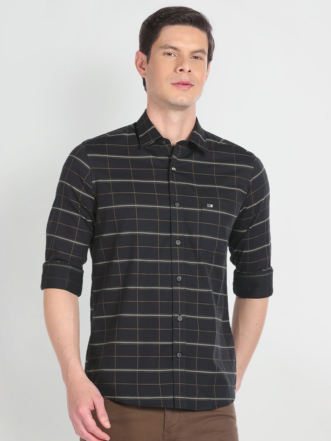 

Arrow Sport Windowpane Checks Twill Slim Fit Cotton Casual Shirt, Black