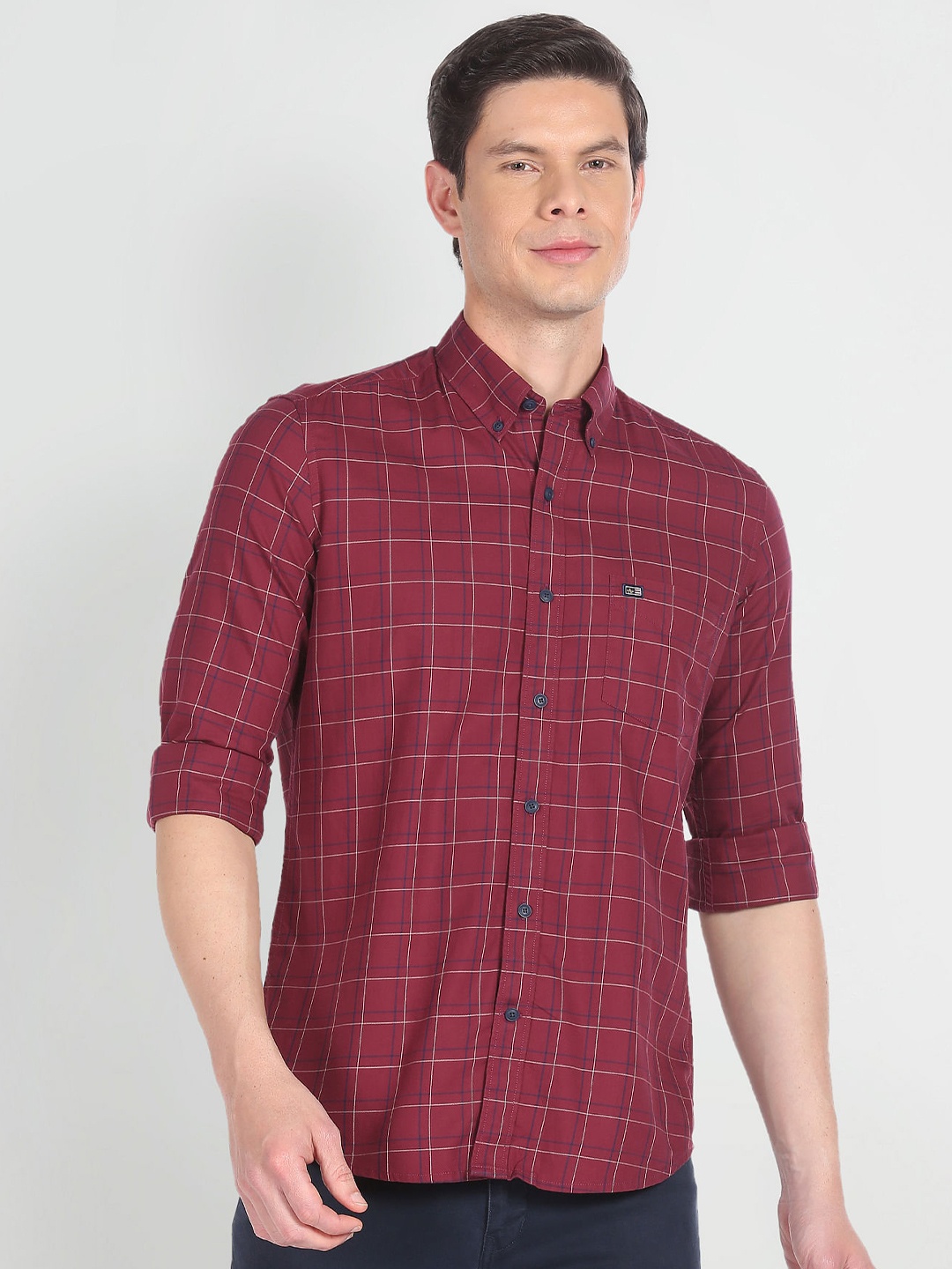 

Arrow Sport Slim Fit Tartan Checks Button-Down Collar Twill Pure Cotton Casual Shirt, Red